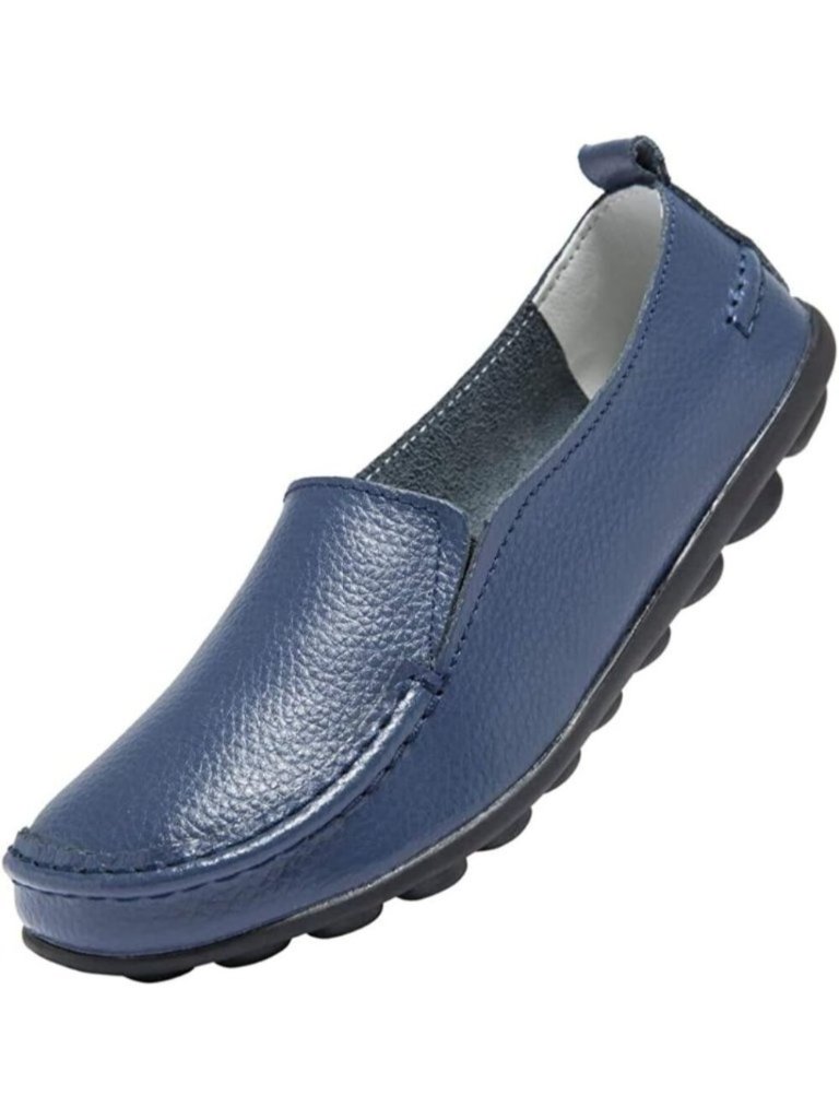 Women’s Blue Leather Slip On Loafers Comfortable Walking Flats Casual